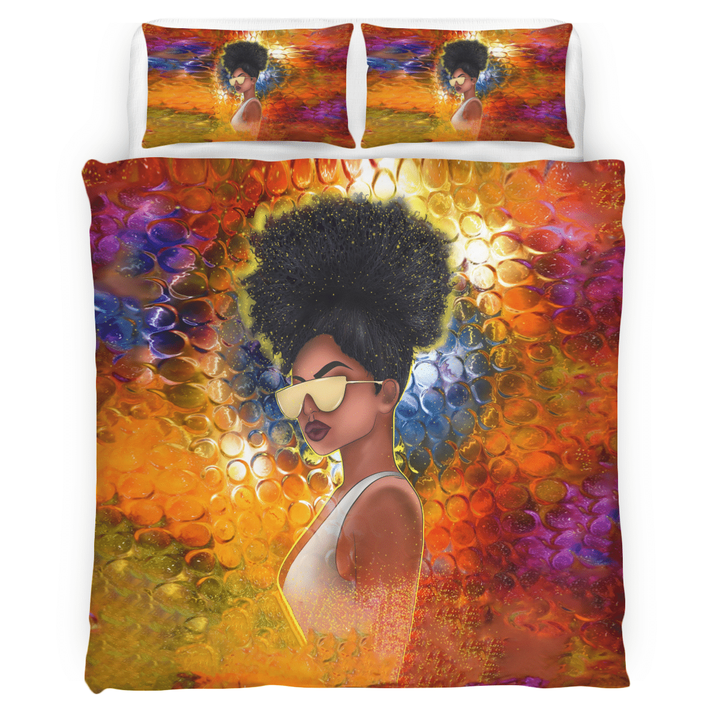 African girl bedding set all over print black woman curl girl cool yellow glasses bedding set