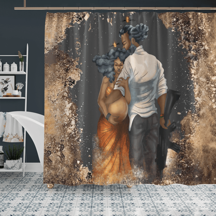 Black couple shower curtain love my black pregnant women on war art Valentine's day gift