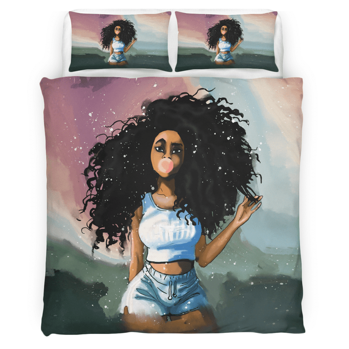 African girl bedding set all over print black woman curly hairstyle bubble girl bedding set