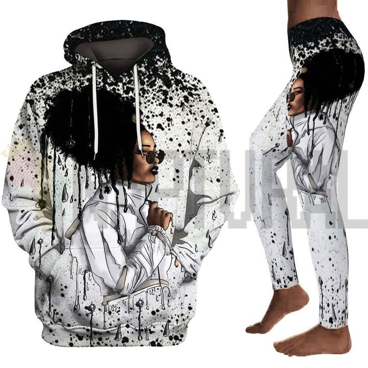 Melting style art all over print shirt 3d hoodie black girl bun hair legging set