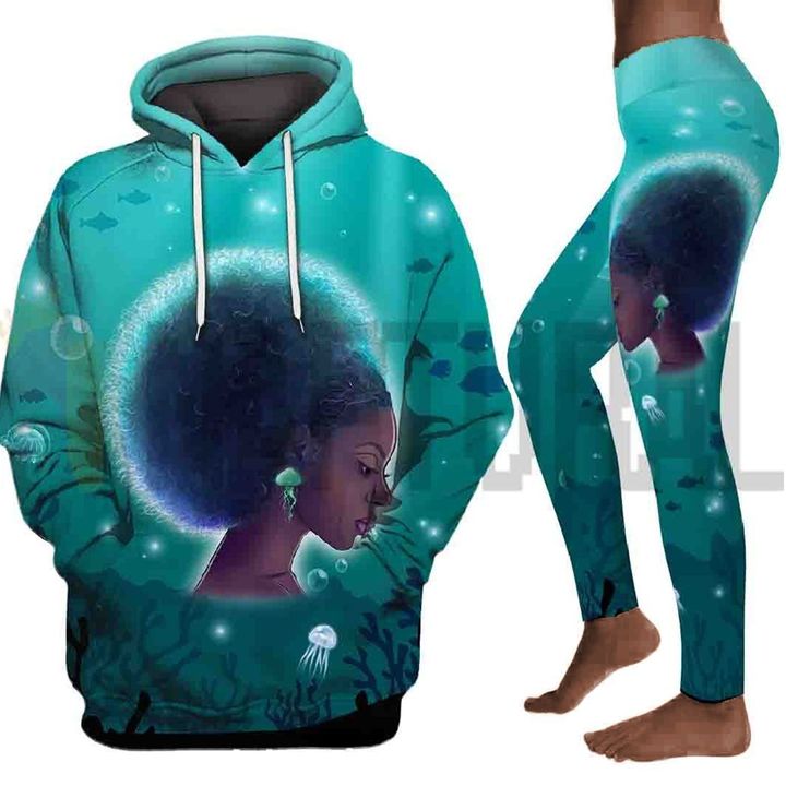 Black girl afro puff art all over print shirt 3d hoodie for woman love sea legging set