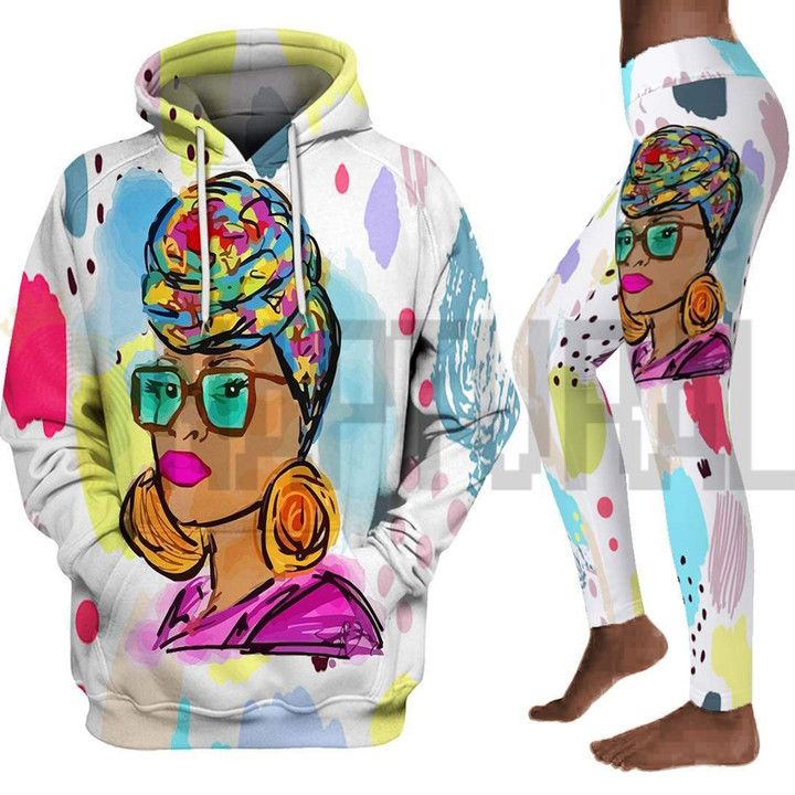 headwrap colorful art all over print shirt 3d hoodie for Black women headwrap hair legging set