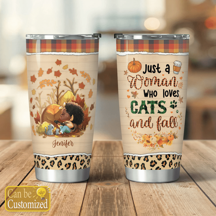 Personalized autumn tumbler custom name for black woman Just a girl who loves cats and fall tumbler