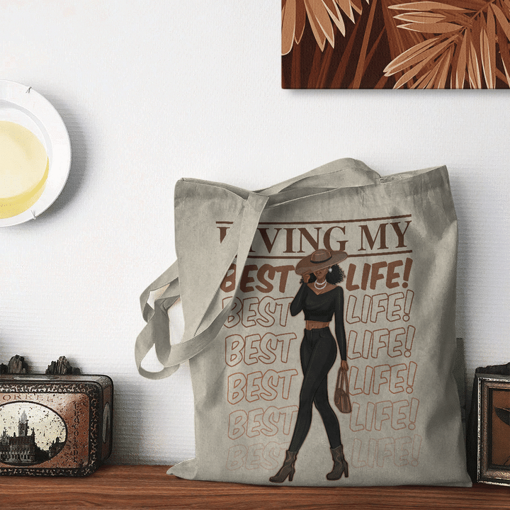 Living my best life tote bag black girl art fashion girl tote bag