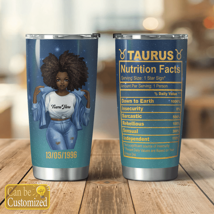 Personalized tumbler cup for black girl zodiac nutrition facts birthday gift for astrology lovers tumbler cup custom name custom clipart