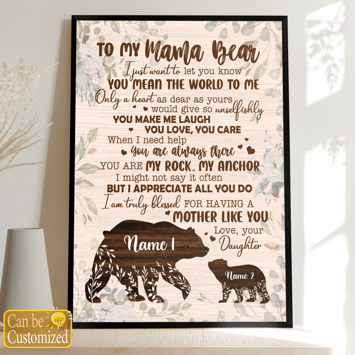 Mother's day personalized canvas poster for mom mama bear you mean the world to me canvas poster gift for mom happy mother's day wall art