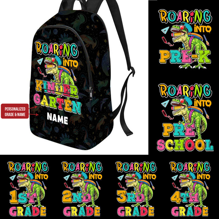 Personalized backpack for kid Roaring Into Kindergarten backpack T-Rex Dinosaur back to school bookbag