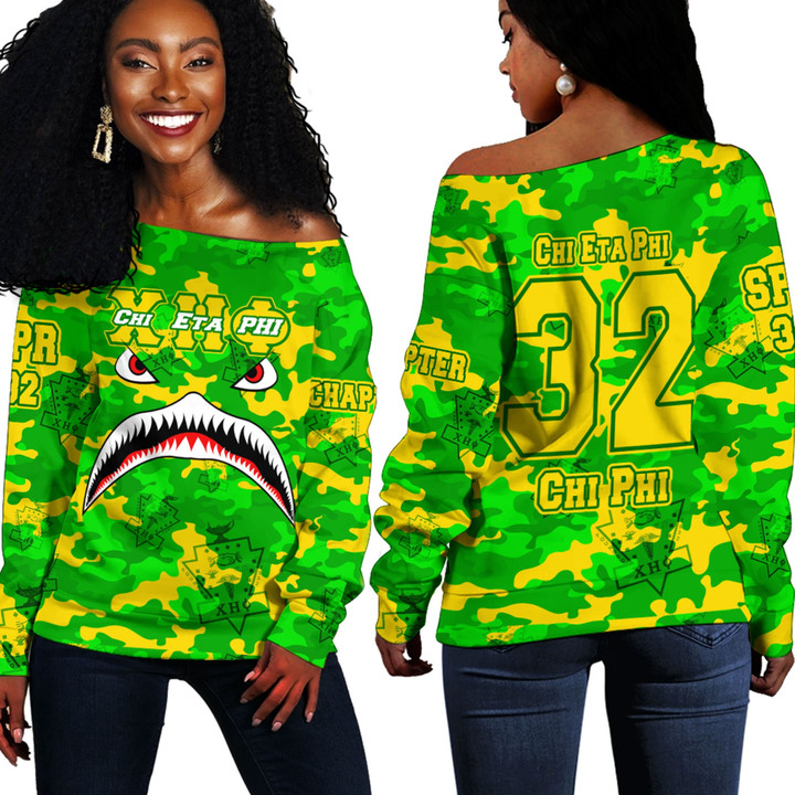 Africazone Clothing - Chi Eta Phi Full Camo Shark Off Shoulder Sweaters A7 | Africazone