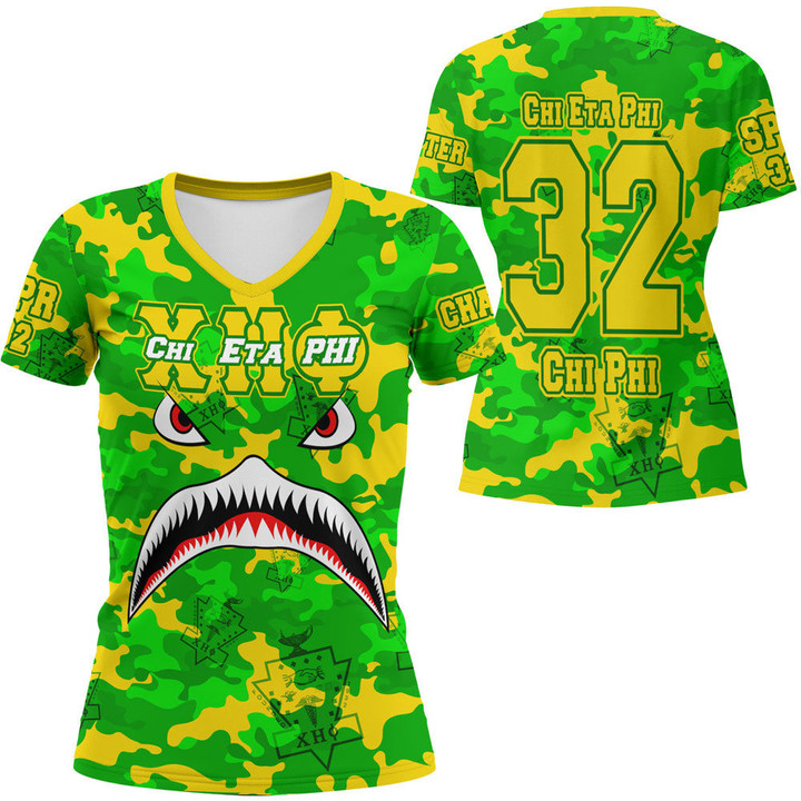 Africazone Clothing - Chi Eta Phi Full Camo Shark Rugby V-neck T-shirt A7 | Africazone