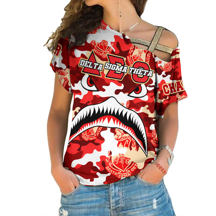 Africazone Clothing - Delta Sigma Theta Full Camo Shark One Shoulder Shirt A7 | Africazone