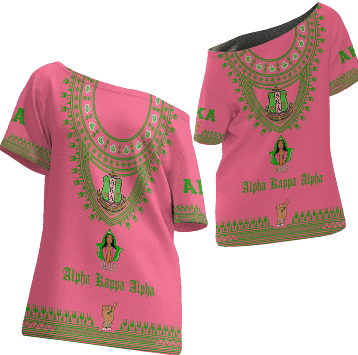 Africa Zone Clothing - AKA Sorority Dashiki Off Shoulder T-Shirt A31