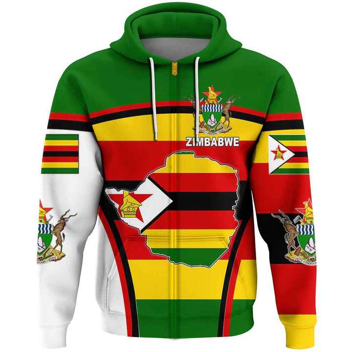 Africa Zone Clothing - Zimbabwe Active Flag Zip Hoodie A35