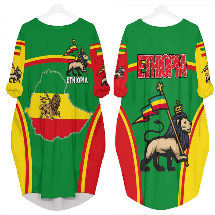 Africa Zone Clothing - Ethiopia Lion Active Flag Batwing Pocket Dress A35