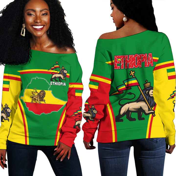 Africa Zone Clothing -  Ethiopia Lion Active Flag Off Shoulder Sweater A35