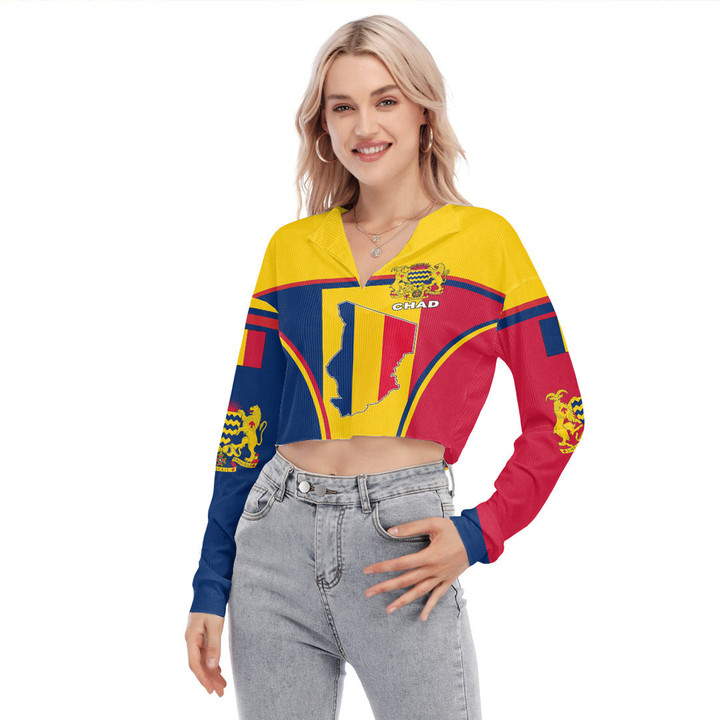 Africa Zone Clothing - Chad Active Flag Women's V-neck Lapel Long Sleeve Cropped T-shirt A35