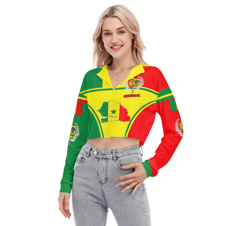 Africa Zone Clothing - Senegal Active Flag Women's V-neck Lapel Long Sleeve Cropped T-shirt A35