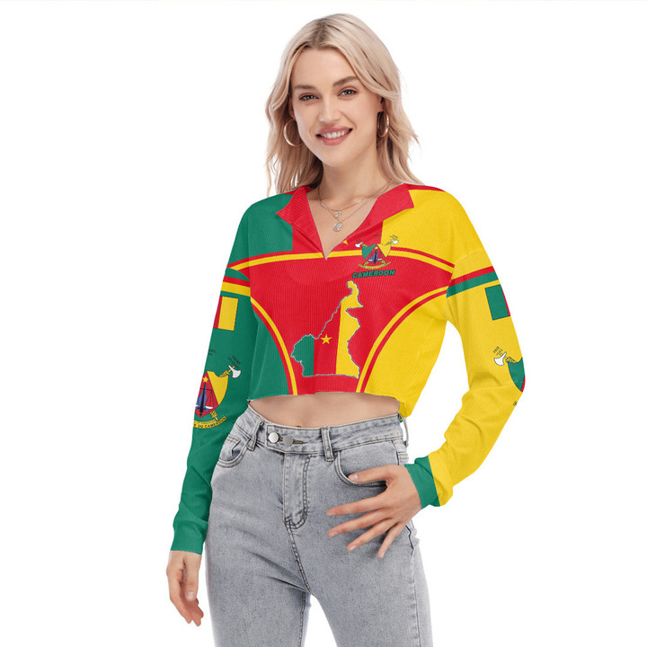 Africa Zone Clothing - Cameroon Active Flag Women's V-neck Lapel Long Sleeve Cropped T-shirt A35