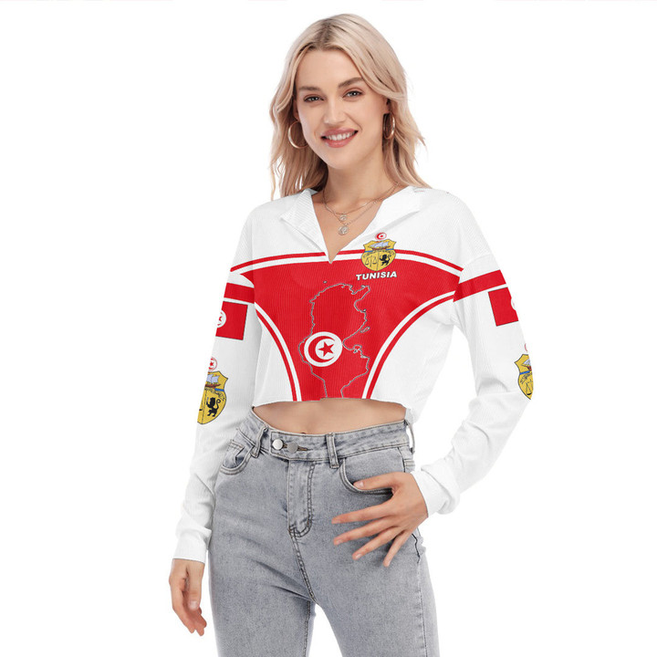 Africa Zone Clothing - Tunisia Active Flag Women's V-neck Lapel Long Sleeve Cropped T-shirt A35