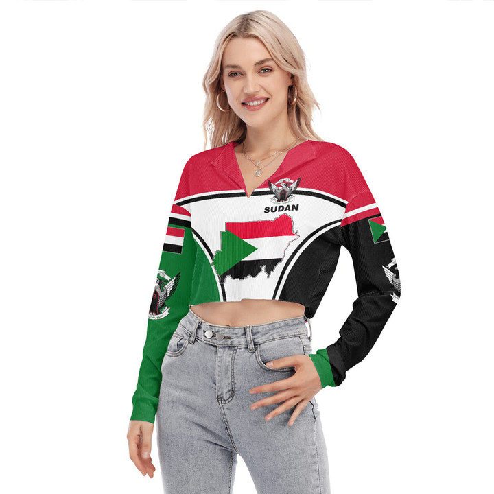 Africa Zone Clothing - Sudan Active Flag Women's V-neck Lapel Long Sleeve Cropped T-shirt A35