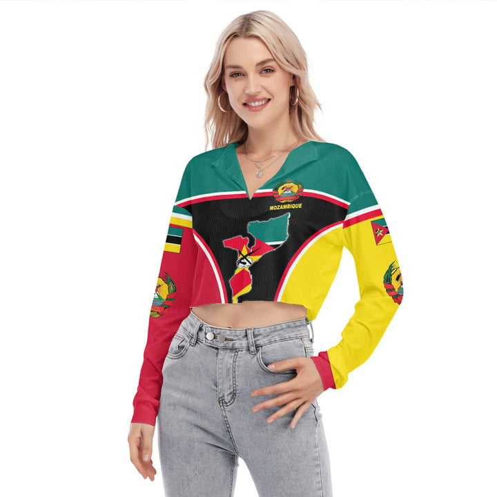 Africa Zone Clothing - Mozambique Active Flag Women's V-neck Lapel Long Sleeve Cropped T-shirt A35