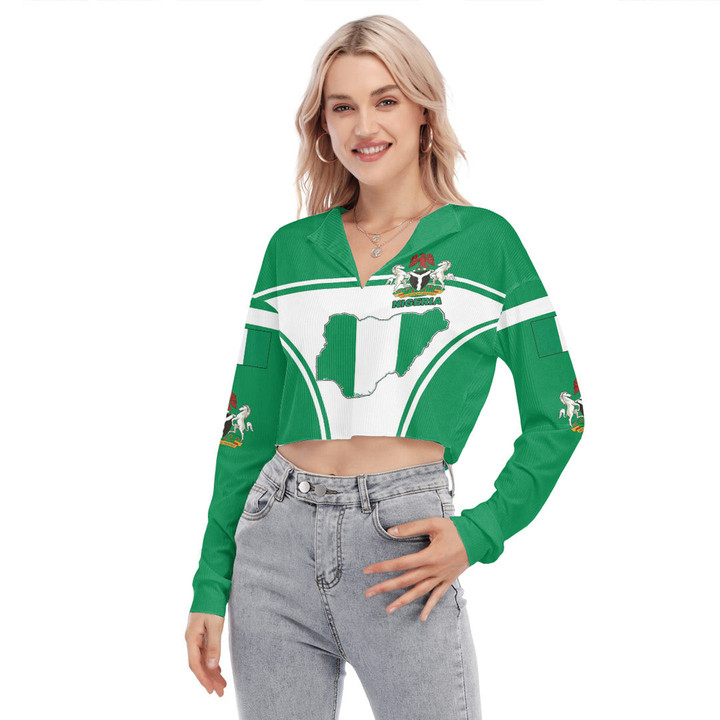 Africa Zone Clothing - Nigeria Active Flag Women's V-neck Lapel Long Sleeve Cropped T-shirt A35