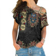 1sttheworld Clothing - Zeta Phi Beta Oldschool Tattoo Style - Skull and Roses - One Shoulder Shirt A7 | 1sttheworld