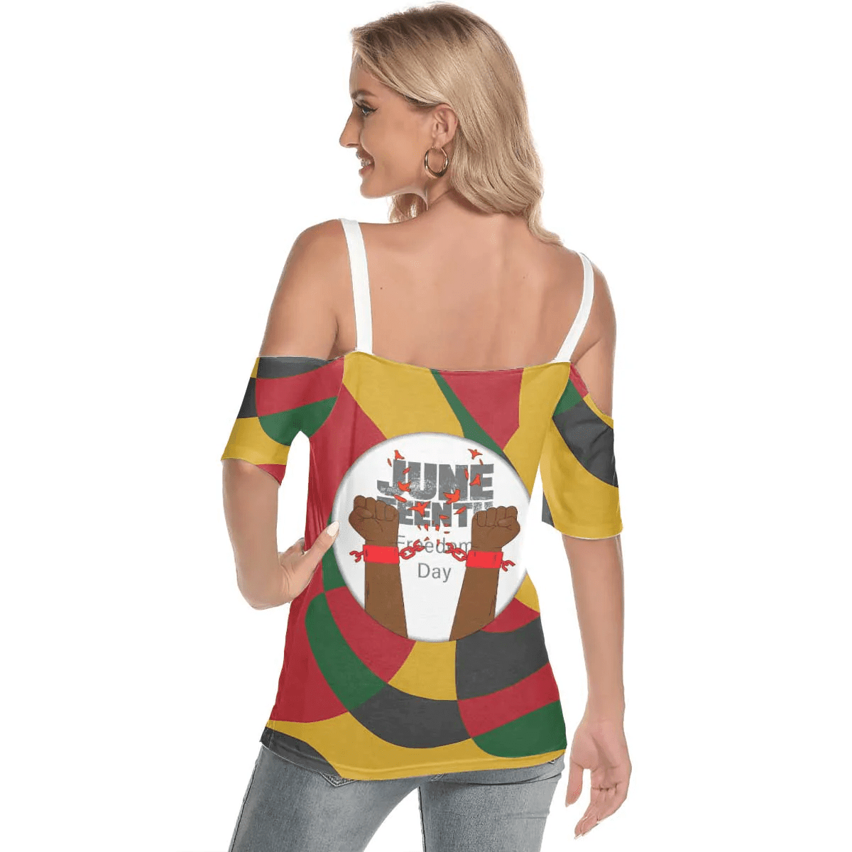 Africa Zone Clothing - Face Color Juneteenth Cold Shoulder T-shirt With Criss Cross Strips A95