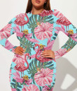 Women's Long-Sleeved High-Neck Jumpsuit With Zipper - Pink Flamingos with Tropical Flowers Best Gift For Women - Gifts She'll Love A7
