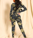 Women's Long-Sleeved High-Neck Jumpsuit With Zipper - Luxury Gold And Black Tropical Leaves Tropical Best Gift For Women - Gifts She'll Love A7
