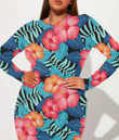 Women's Long-Sleeved High-Neck Jumpsuit With Zipper - Tropical Plants And Hibiscus Flowers Best Gift For Women - Gifts She'll Love A7