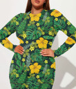 Women's Long-Sleeved High-Neck Jumpsuit With Zipper - Yellow Flowers Palm Leaves Jungle Leaf Best Gift For Women - Gifts She'll Love A7