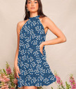 Women's Halter Dress - Youngful White Flowers and Navy Blue Very Harmonious Combination Best Gift For Women - Gifts She'll Love A7