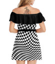Women's Off-Shoulder Dress With Ruffle (Black Style) - Black And White Abstract Square Pattern Best Gift For Women - Gifts She'll Love A7