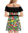 Women's Off-Shoulder Dress With Ruffle (Black Style) - Blue Macaw Parrot Floral Portrait Best Gift For Women - Gifts She'll Love A7