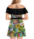 Women's Off-Shoulder Dress With Ruffle (Black Style) - Cartoon doodles Hawaii Best Gift For Women - Gifts She'll Love A7
