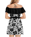 Women's Off-Shoulder Dress With Ruffle (Black Style) - Simple Black and White Flowers Best Gift For Women - Gifts She'll Love A7