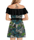 Women's Off-Shoulder Dress With Ruffle (Black Style) - Multicolored Flowers And Butterflies Best Gift For Women - Gifts She'll Love A7