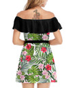 Women's Off-Shoulder Dress With Ruffle (Black Style) - Green Palm Leaves And Hibiscus Flower Best Gift For Women - Gifts She'll Love A7