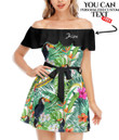 Women's Off-Shoulder Dress With Ruffle (Black Style) - Hibiscus Flowers And Bird Toucan Best Gift For Women - Gifts She'll Love A7 | Africazone