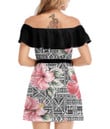 Women's Off-Shoulder Dress With Ruffle (Black Style) - Pink Hibiscus Flower With Hawaiian Tribal Best Gift For Women - Gifts She'll Love A7