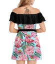 Women's Off-Shoulder Dress With Ruffle (Black Style) - Pink Flamingos with Tropical Flowers Best Gift For Women - Gifts She'll Love A7