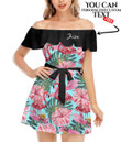 Women's Off-Shoulder Dress With Ruffle (Black Style) - Pink Flamingos with Tropical Flowers Best Gift For Women - Gifts She'll Love A7 | Africazone