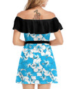 Women's Off-Shoulder Dress With Ruffle (Black Style) - Natural Blue and White Hibiscus Best Gift For Women - Gifts She'll Love A7