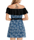 Women's Off-Shoulder Dress With Ruffle (Black Style) - Youngful White Flowers and Navy Blue Very Harmonious Combination Best Gift For Women - Gifts She'll Love A7