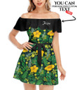 Women's Off-Shoulder Dress With Ruffle (Black Style) - Yellow Flowers Palm Leaves Jungle Leaf Best Gift For Women - Gifts She'll Love A7 | Africazone