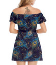 Women's Off-Shoulder Dress With Ruffle - Embroidery Peacock Feathers Seamless Best Gift For Women - Gifts She'll Love A7