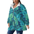 Women's Borg Fleece Stand-Up Collar Coat With Zipper Closure - Turquoise And Green Tropical Leaves Best Gift For Women - Gifts She'll Love A7