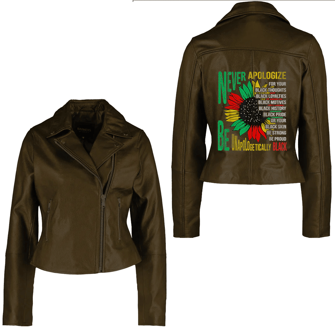 Africa Zone Clothing - Never Apologize For Your Blackness Black History Juneteenth Women's Leather Jacket A35