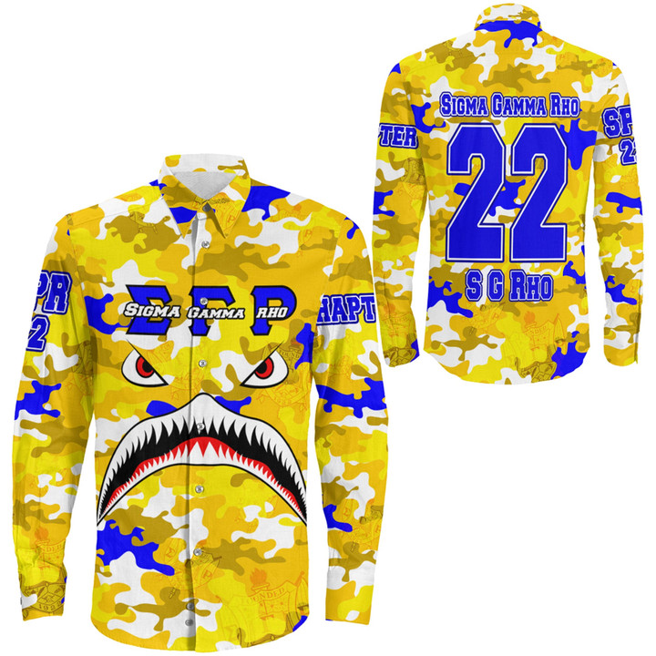 Africazone Clothing - Sigma Gamma Rho Full Camo Shark Long Sleeve Button Shirt A7 | Africazone