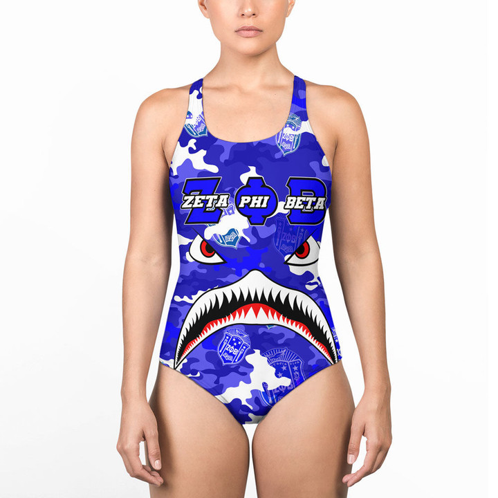 Africazone Clothing - Zeta Phi Beta Full Camo Shark Women Low Cut Swimsuit A7 | Africazone